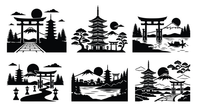 Japanese landscape silhouettes depict pagodas torii gates and mount fuji in vector style