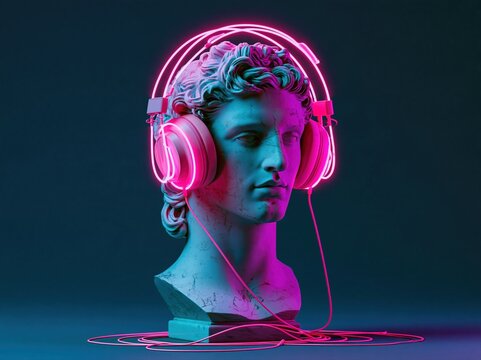 Ancient bust wearing modern headphones with neon pink light
