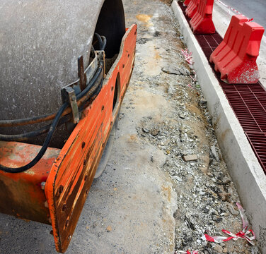 Large road roller during road repair works