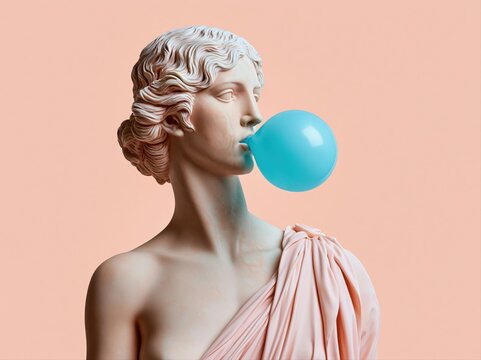 Classical statue blowing a blue bubblegum bubble against a peach background