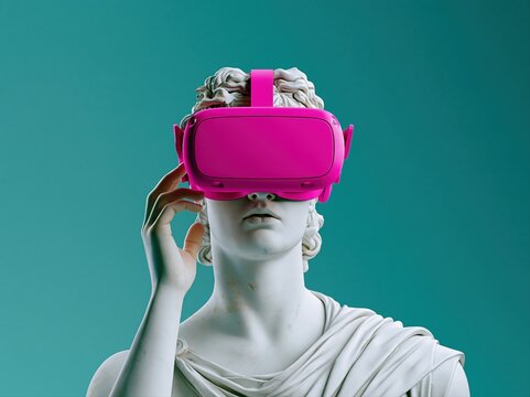 Classical statue wearing a pink virtual reality headset against a teal background