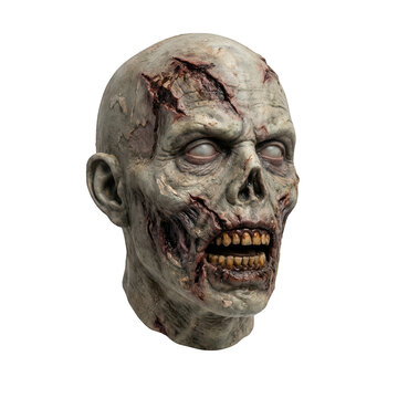 Realistic detailed zombie head mask with decaying skin and wounds isolated on transparent background