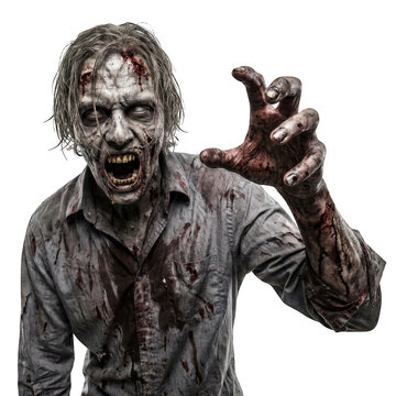 Frightening zombie man in bloodstained shirt reaching out isolated on transparent background