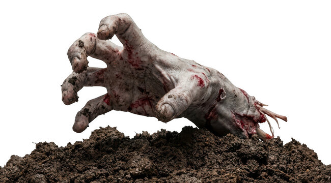 Severed zombie hand emerging from a pile of dirt isolated on transparent background