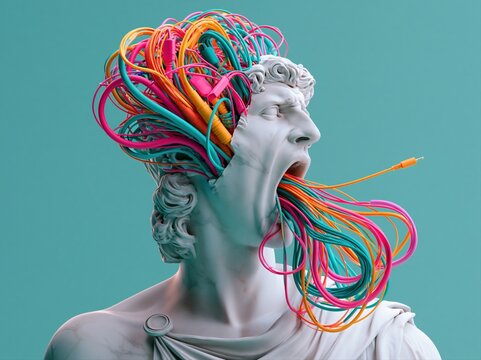 Classical sculpture head erupting with colorful cables and wires
