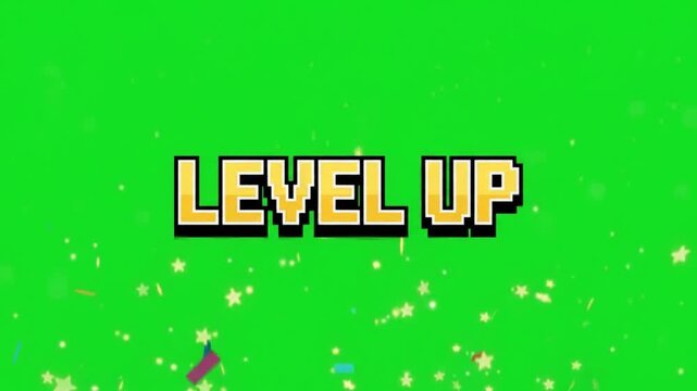 8-bit retro "LEVEL UP" text animation with explosion, fireworks, stars and colorful confetti on green screen background. Chroma key ready motion graphic for gamers, streamers, RPG games, and achieveme