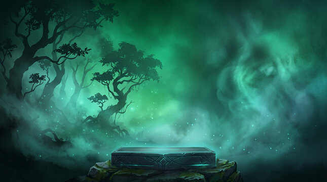 Empty stone pedestal in a magical misty green forest