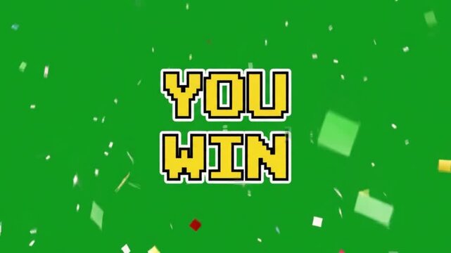 Retro 8-bit pixel art "YOU WIN" text animation with colorful confetti falling on green screen background. Perfect for gamers, streamers, YouTube, Twitch, esports, and celebration overlays. Chroma key 
