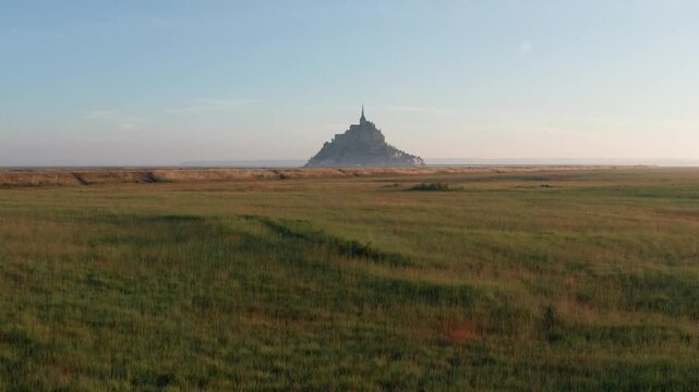 Aerial view of Mont Saint-Michel abbey in Normandy, France.