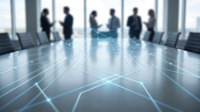 Network nodes and connection lines floating above modern boardroom table representing collaborative communication and strategic business planning in corporate setting