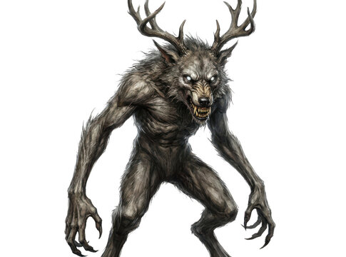 Fierce werewolf creature with deer antlers isolated on transparent background