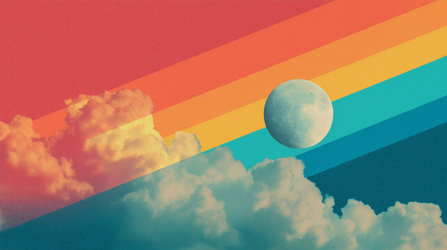 Retro 70s landscape background digital illustration, vintage sun moon with colorful rainbow stripes and clouds collage, nostalgic surreal sky poster art print design with grain texture
