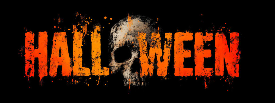 Grunge Halloween text banner with spooky human skull, orange textured distressed typography lettering with paint splatters, dark horror holiday typography design on black background

