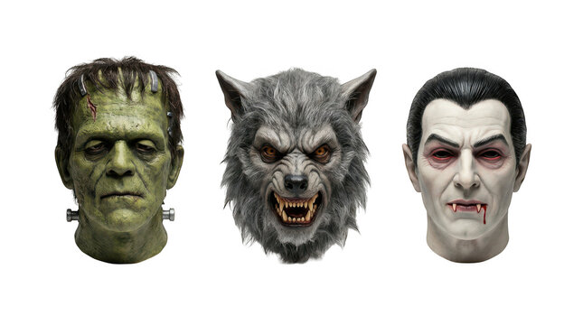 Frankenstein, werewolf, and vampire masks isolated on transparent background