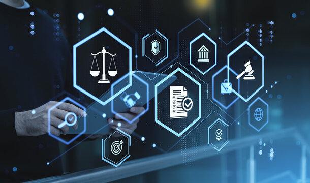 Business compliance and legal security concept with digital icons, checklist, scales, courthouse, gavel, certification and analytics overlay.