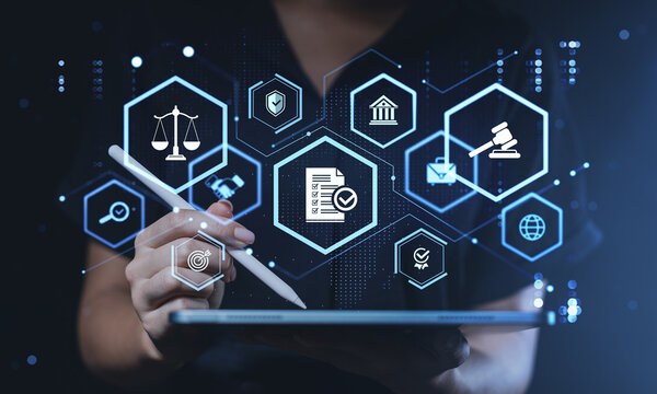 Business compliance and legal governance concept with digital law icons, checklist, scales, gavel, secure document review and risk management.
