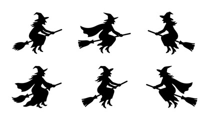 Fototapeta premium Six Silhouette Witches Flying on Brooms, Halloween Icons, Spooky Vector Graphics, Magical Night Elements