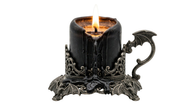 Black candle in an ornate gothic metal candle holder with bat wings isolated on transparent background