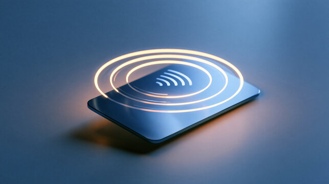 Contactless credit card hovering above glowing wireless payment terminal pad