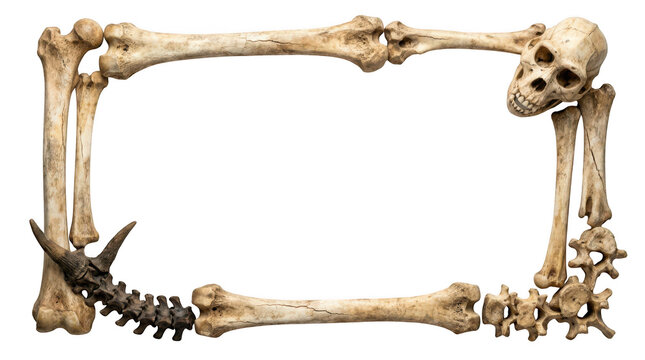 Rectangular frame made of various animal bones and a skull isolated on transparent background