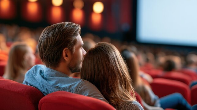 Couple sits close, watching a movie together