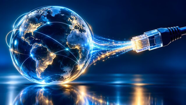 Global internet network connection telecommunications concept with ethernet cable plugging into glowing digital earth globe for broadband infrastructure