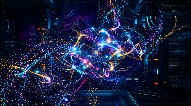 Abstract particle swarm with colorful glowing light trails in dark digital space abstract art light particles energy flow dynamic motion futuristic