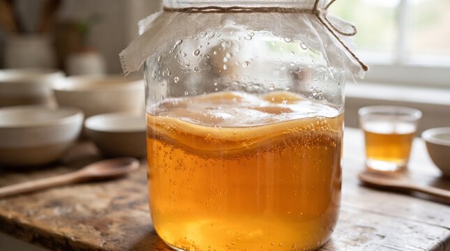 Glass Jar of Homemade Kombucha Tea Fermenting with SCOBY Culture on Wooden Kitchen Table