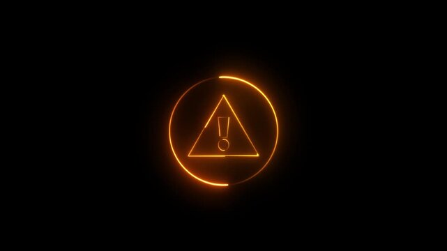 neon warning alert animation.Small glowing neon warning triangle symbol with an exclamation mark inside, isolated on a dark black background, indicating danger or alert.