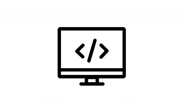Code symbol on a computer monitor screen animation on transparent background for digital development and programming