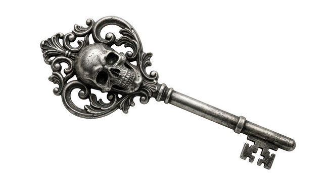 Antique ornate skeleton key with skull handle isolated on transparent background