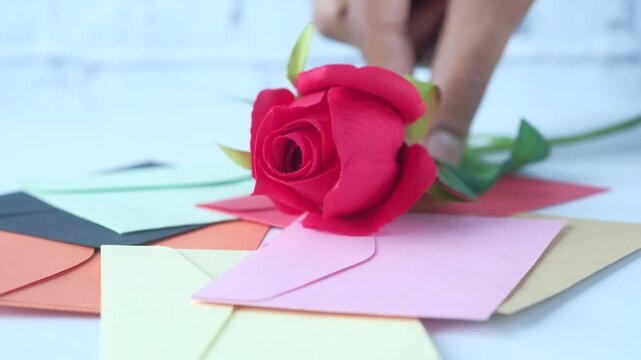 Close up of person hand putting red rose on pile of colorful envelopes for romantic celebration
