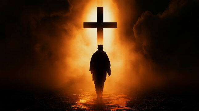 a lone man seen from behind, silhouetted against a bright, intense golden light that forms a halo around a large black cross.