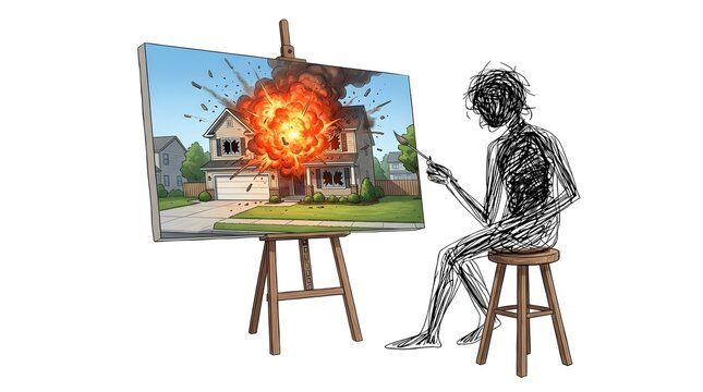 House Explosion Suburban Home Fire Blast Illustration