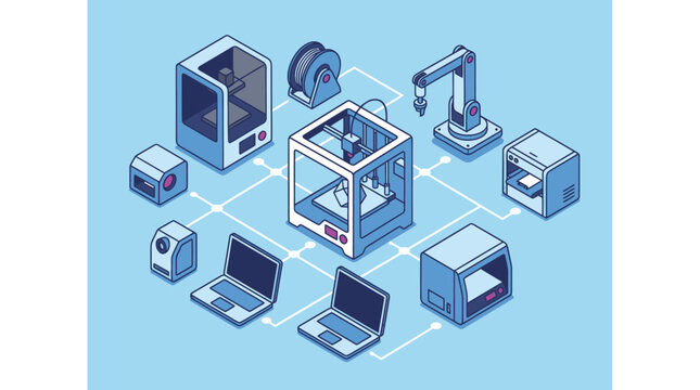 Modern Isometric of Connected Industrial and Tech Devices Featuring 3D Printers Robotic Arm Laptop Camera and Filament Spool
