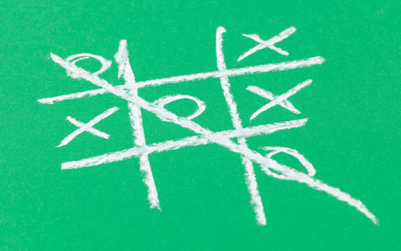 Winning Tic-Tac-Toe Game Drawn with White Chalk on Green Chalkboard Background