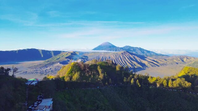 Aerial view of Mount Bromo volcanic landscape, Indonesia.