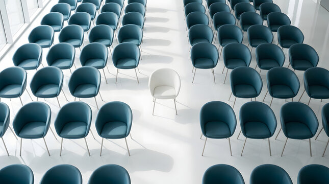 Rows of blue chairs with one single white chair in the middle