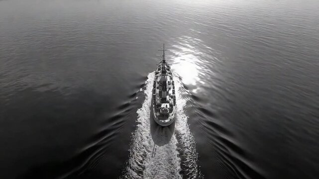 Naval Vessel Sailing on Calm Water: A high-angle shot captures a naval ship at sea, its wake trailing behind as it cuts through the tranquil water under the bright sun.