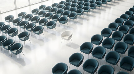 Obraz premium White office chair centered between rows of blue chairs in auditorium