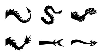 Obraz premium Mythical Creature Tails Vector Icons, Fantasy Dragon Serpent Elements, Dark Silhouette Shapes