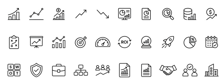 Professional business and financial data analysis line icons
