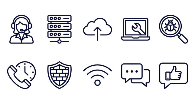 Network security and customer support outline icon set with help desk
