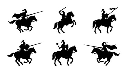 Fototapeta premium Medieval Knights on Horseback Silhouettes, Warrior Cavalry Icons, Historical Battle Horsemen Vector Set