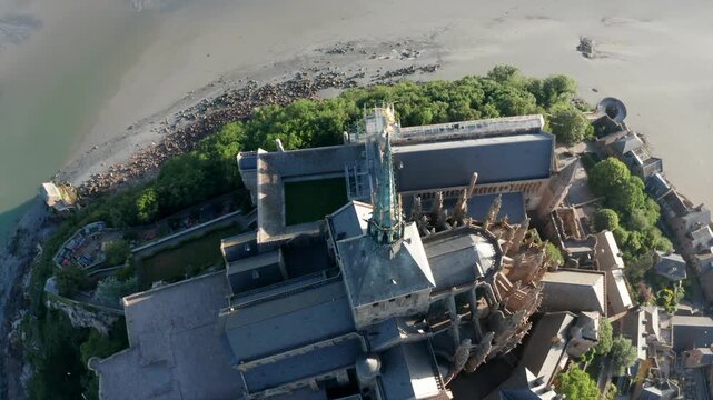 Aerial view of the historic Mont Saint-Michel abbey, France.