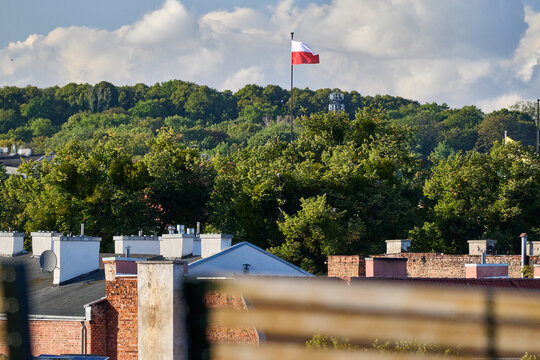 Polish national flag flying on a flagpole above city rooftops and a forested hill in Gdansk, Poland