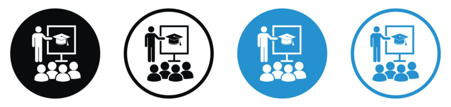 Graduation lecture icon set featuring a speaker presenting a graduation cap on a projector screen to an audience. Flat vector isolated on black and blue circle frames.