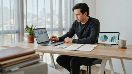 Fototapeta premium Focused professional man analyzing financial charts on his laptop.