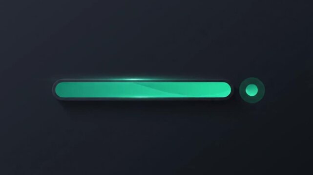 Modern glowing emerald green interface progress bar element at full completion capacity isolated on dark background for digital software UI design