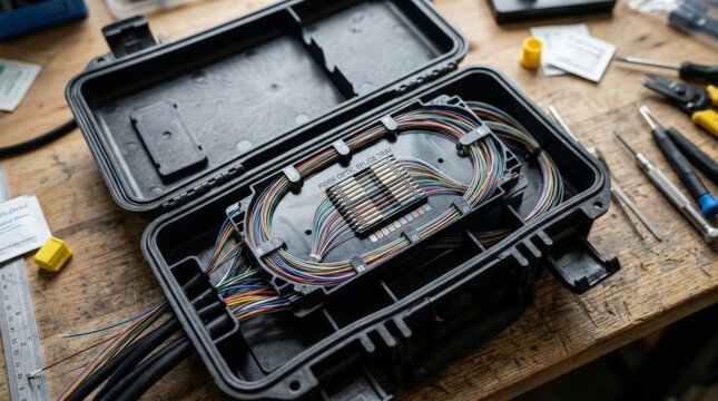 A close up view of an open black plastic enclosure containing a neatly organized fiber optic splice tray with colorful cables and precision tools on a wooden workbench
